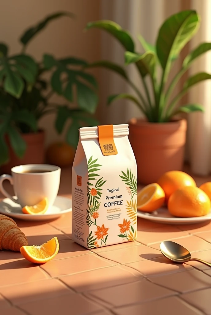 A cozy breakfast scene on a warm-toned tiled table featuring a package of "Tropical Premium Coffee." The coffee bag, with tropical-themed leaf designs, is positioned at the center. Nearby, there is a cup of coffee, fresh croissants, peeled tangerines, and a spoon. In the background, lush green plants and a terracotta-colored mug enhance the natural, relaxing vibe. The overall lighting is warm and inviting, casting soft shadows, while the color palette emphasizes oranges, beiges, and greens, evoking a fresh, tropical mo