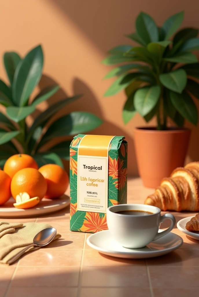 A cozy breakfast scene on a warm-toned tiled table featuring a package of "Tropical Premium Coffee." The coffee bag, with tropical-themed leaf designs, is positioned at the center. Nearby, there is a cup of coffee, fresh croissants, peeled tangerines, and a spoon. In the background, lush green plants and a terracotta-colored mug enhance the natural, relaxing vibe. The overall lighting is warm and inviting, casting soft shadows, while the color palette emphasizes oranges, beiges, and greens, evoking a fresh, tropical mo