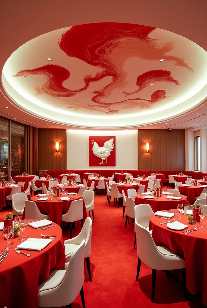 A huge circle salon for a restorant, Walls panited white and red and Has a Chicken picture, red and white abstract ceiling with d/f spot lights, redish Brown light from the spot light,Red color tableas with white chares scaterd ,Menu on every table,