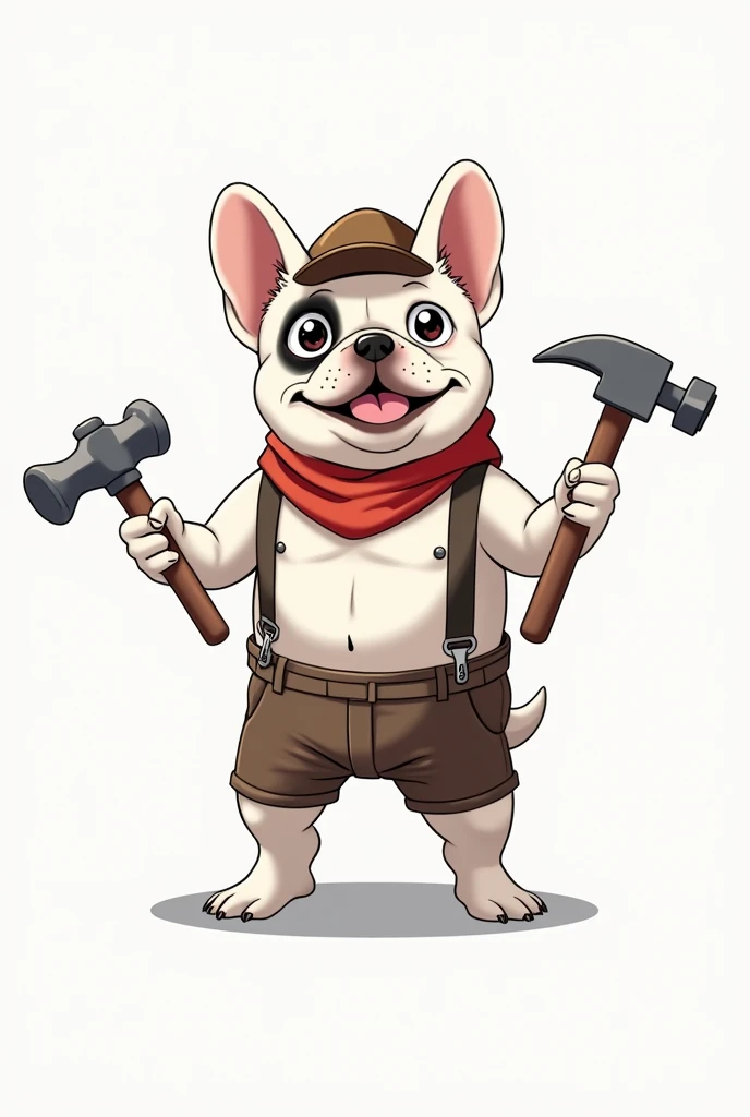 dog、White French Bulldog、Standing on two legs、Wearing a hat、holding a hammer in one hand、Standing posture、人間のようなStanding posture、Has a wrench in the shape、Anime Style、Staring at me、Looking at the camera、smile、The bottom is sticking out