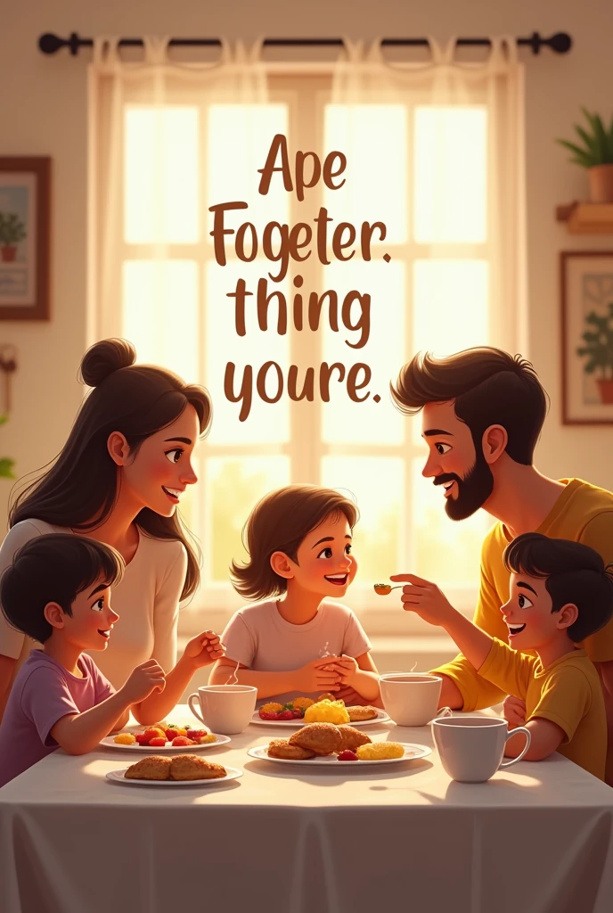 A motivational phrase on a picture of a family having breakfast.