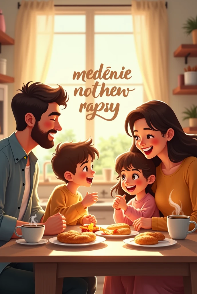 A motivational phrase on a picture of a family having breakfast.