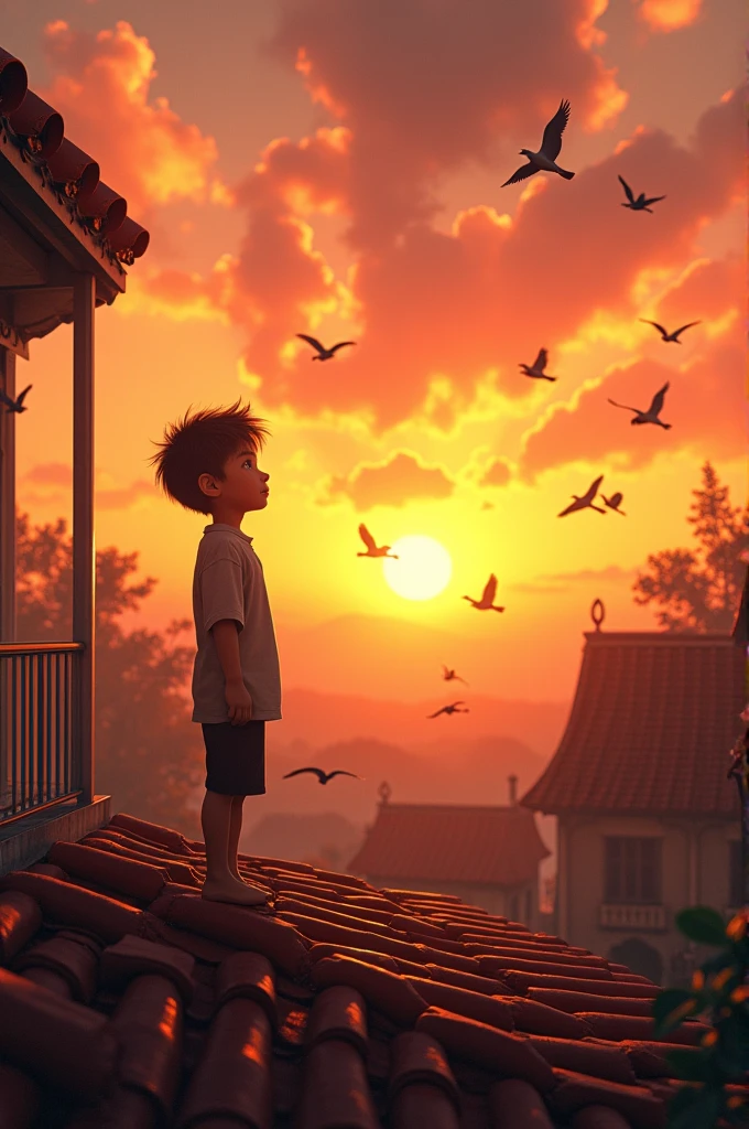 

---

**Prompt:**

"A realistic scene of a young boy standing on a red-tiled rooftop of an old, architecturally rich house, watching migratory birds in flight. The boy, filled with joy and wonder, gazes upwards as the sun sets in the background, casting a warm, golden hue over the scene. The old house's detailed architecture contrasts with the vibrant colors of the sunset, highlighting the red roof and the boy's silhouette. The birds are captured mid-flight, creating a sense of freedom and connection with nature."

---

