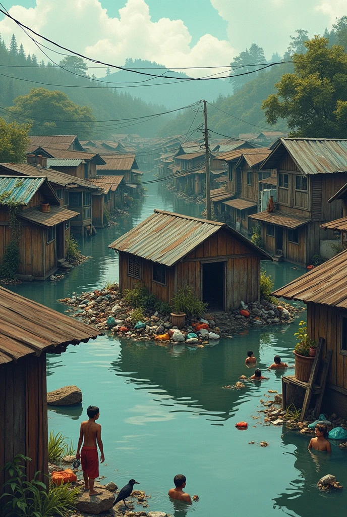 make me a house with trash blocking the sewer causing flood, make it like a drawing and filipino kind of environment 