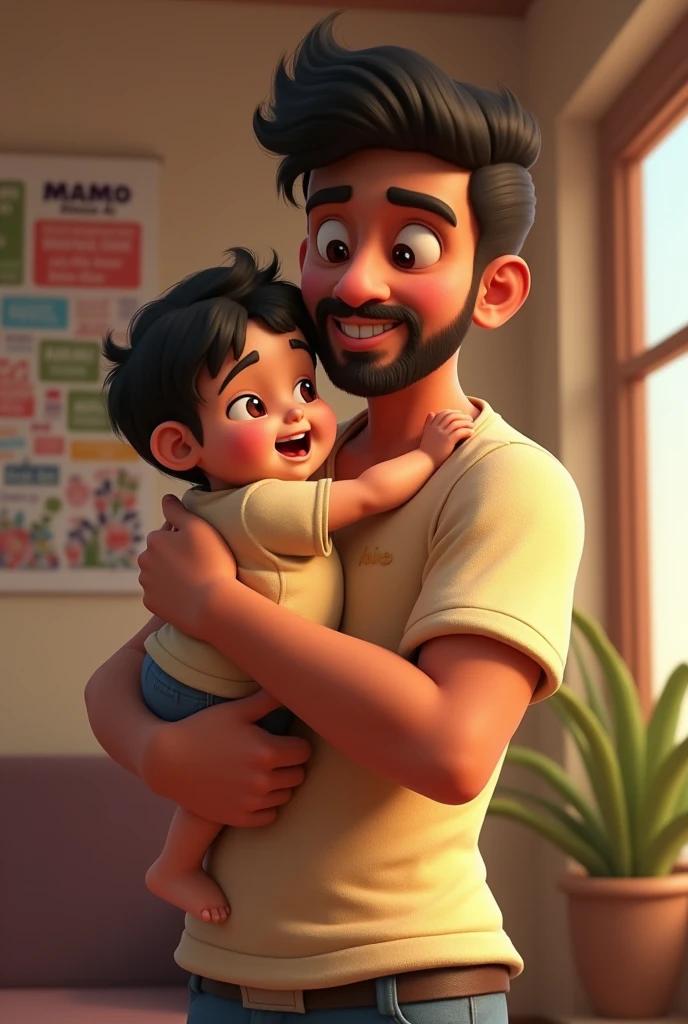 create an image in which one boy of age25 name write on his shirt is Zeeshan, and zeeshan love with a baby of age 1 year whose name is Khizer Ali write on his shirt , both name are shown correctly on there shirts background write a poster mamo love Khizer Ai