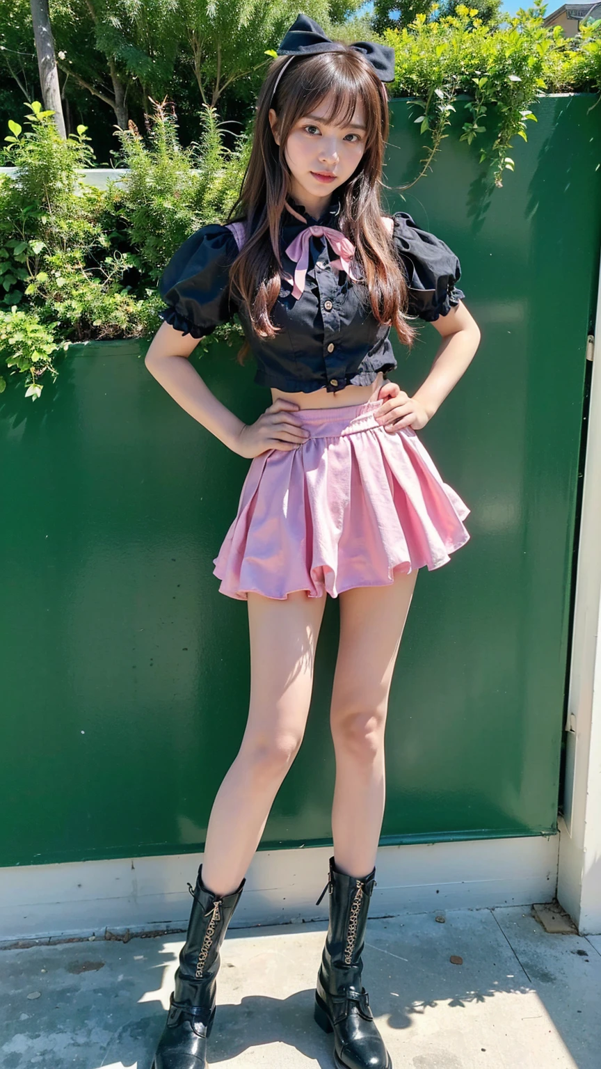 (8k、RAW Photos、Highest quality、masterpiece:1.2)、(Realistic、Realistic)、1 person、((Black and Pink、garden、ribbon、Frills、mini skirt、Thin legs、whole body、boots、View from the front、Looking into the camera、Stand with hands on hips))、cute