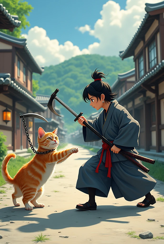 A cute kitten is swinging a chain、A cute kitten with a big head is boldly swinging a sickle attached to a chain、The opponent is Miyamoto Musashi of the Niten Ichiryu school.、Fight、Kenshu、Old Japanese roads