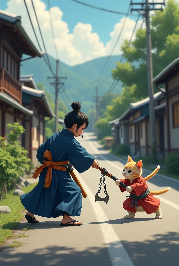A cute kitten is swinging a chain、A cute kitten with a big head is boldly swinging a sickle attached to a chain、The opponent is Miyamoto Musashi of the Niten Ichiryu school.、Fight、Kenshu、Old Japanese roads