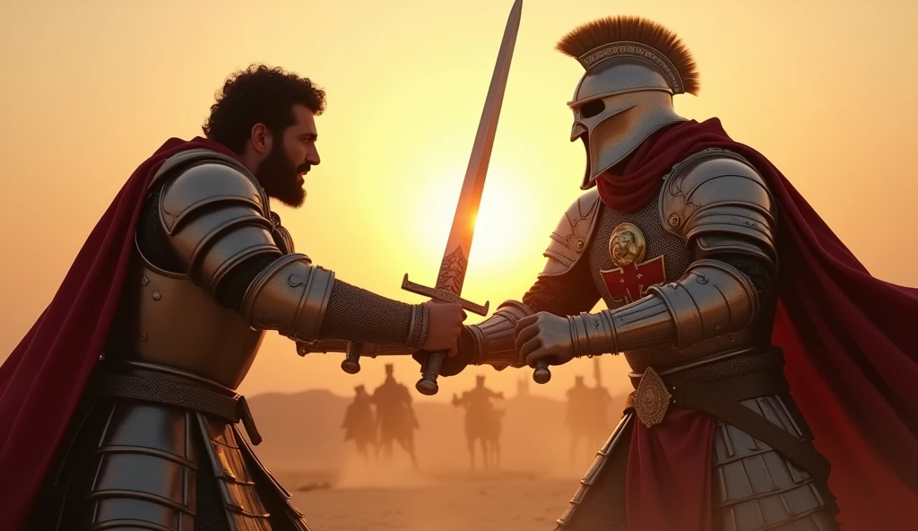 "A highly realistic, high-contrast, 8K HD, detailed, hyper-detailed image of a tense battle scene between the Crusader protagonist and the Lion-Emblazoned General. The Crusader, with his steel armor bearing a prominent red cross, has a stern expression, his dark hair and beard clearly visible as he confronts his foe. The Lion-Emblazoned General, clad in steel armor with a fierce lion emblem on his chest, keeps his face hidden behind a helmet, adding to his menacing presence. The two warriors are locked in a fierce one-on-one duel, swords clashing with sparks flying in the desolate desert battlefield. The setting sun casts long shadows, and the warm, orange light creates a dramatic contrast with the cold steel of their armors. Dust swirls around their feet, and the distant echoes of the ongoing battle heighten the tension. The image is of the highest quality, with ultra-high resolution, RAW photo quality, and Unreal Engine rendering, capturing the epic confrontation at the moment of its climax."
