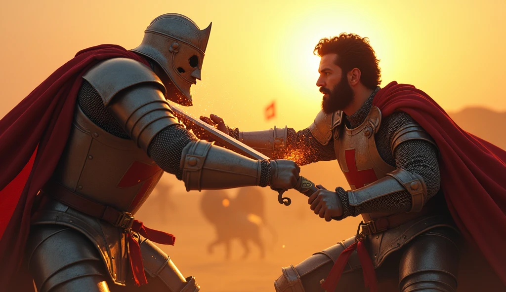 "A highly realistic, high-contrast, 8K HD, detailed, hyper-detailed image of a tense battle scene between the Crusader protagonist and the Lion-Emblazoned General. The Crusader, with his steel armor bearing a prominent red cross, has a stern expression, his dark hair and beard clearly visible as he confronts his foe. The Lion-Emblazoned General, clad in steel armor with a fierce lion emblem on his chest, keeps his face hidden behind a helmet, adding to his menacing presence. The two warriors are locked in a fierce one-on-one duel, swords clashing with sparks flying in the desolate desert battlefield. The setting sun casts long shadows, and the warm, orange light creates a dramatic contrast with the cold steel of their armors. Dust swirls around their feet, and the distant echoes of the ongoing battle heighten the tension. The image is of the highest quality, with ultra-high resolution, RAW photo quality, and Unreal Engine rendering, capturing the epic confrontation at the moment of its climax."
