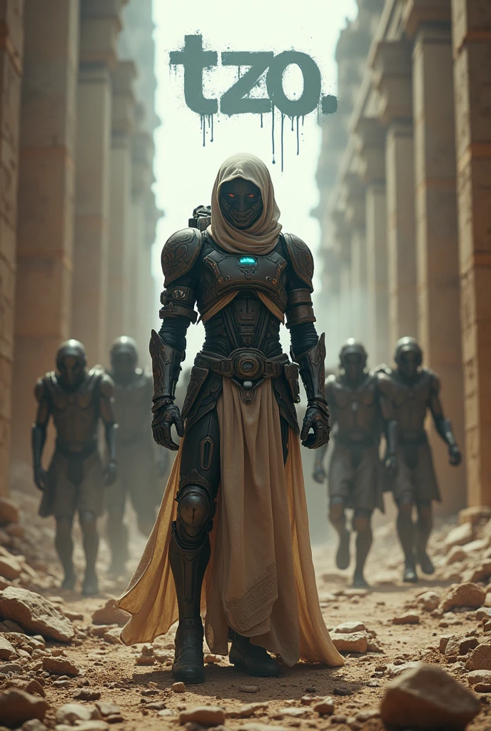 Create a photo with the word TZO highlighted. A warrior from the future in the world of Egyptians fighting against the current situation of the zombie world