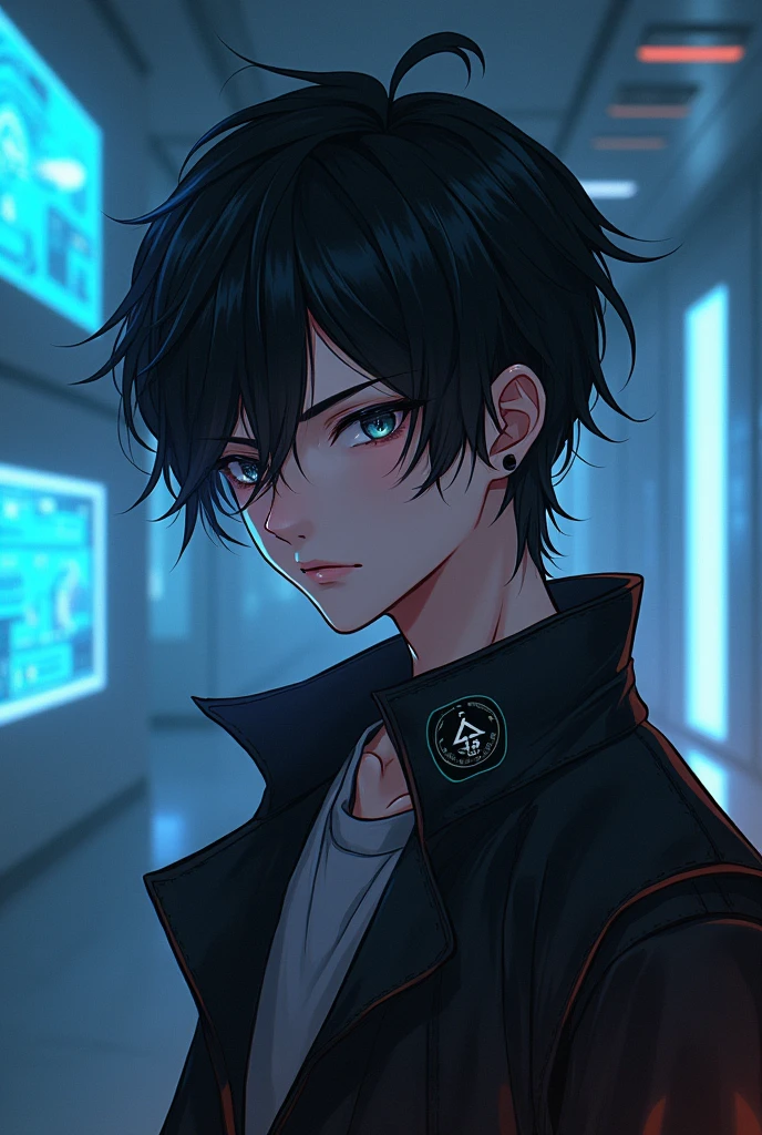 Anime boy, cyberpunk, in room, from head to waist , boy, logo, black hair, of 20