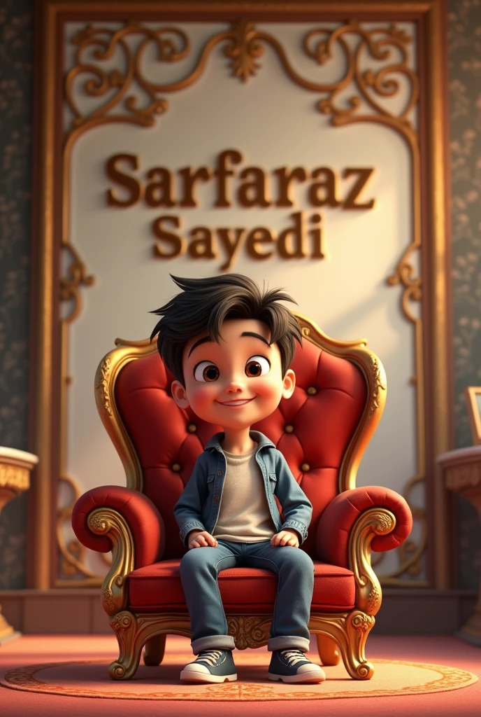 A animated young handsome boy sitting in a big chair and behind the wall written "SarfarazSayedi"