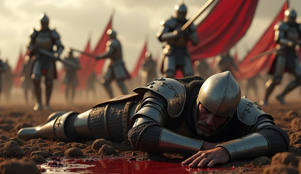 A highly realistic, high-contrast, 8K HD, detailed, hyper-detailed image. Tono, a knight clad in full armor with a lion emblem on his chest, lies defeated on the battlefield. Tono is wearing a helmet and is lying on the ground, with a small pool of blood forming around him from his wounds. Around him, other knights continue to fight, with the battle still raging on. The image captures the tension and chaos of the battlefield, focusing on Tono's fallen form, vividly portraying the intensity of the combat. The image is of the highest quality, with ultra-high resolution, RAW photo quality, and Unreal Engine rendering, depicting the tragic and harsh moment of Tono's defeat in vivid detail.
