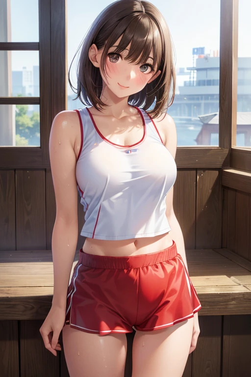 anegasaki nene、Shiny brown hair, short hair, (Beautiful brown eyes、Sparkling eyes, Fine grain)、smile、Ultra-detailed eyes、Highly detailed face, Highly detailed eyes,Cowboy Shot,
((masterpiece,Highest quality:1.3,Highest qualityのイラスト)),((Realistic:1.2)),Cowboy Shot,solo,1 Female,1 Beauty,(Gorgeous big eyes),,smile,(Sunburn:1.4),(White tank top、School gymnasium red bloomers),Glowing Skin,Oily skin,,Sweat,Are standing,Athletics Stadium、Tokyo、