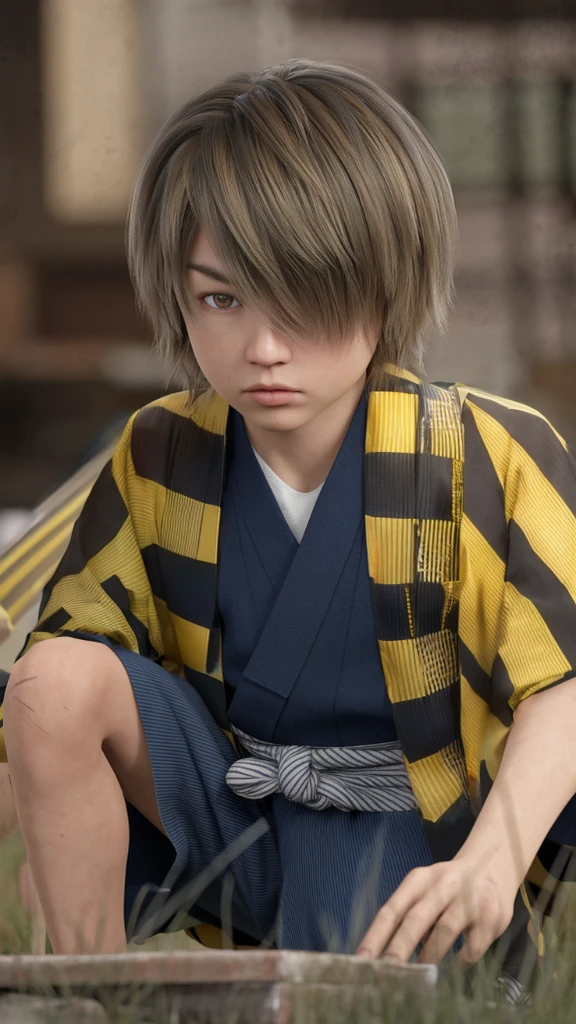Black and yellow striped kimono,Three horizontal lines pattern