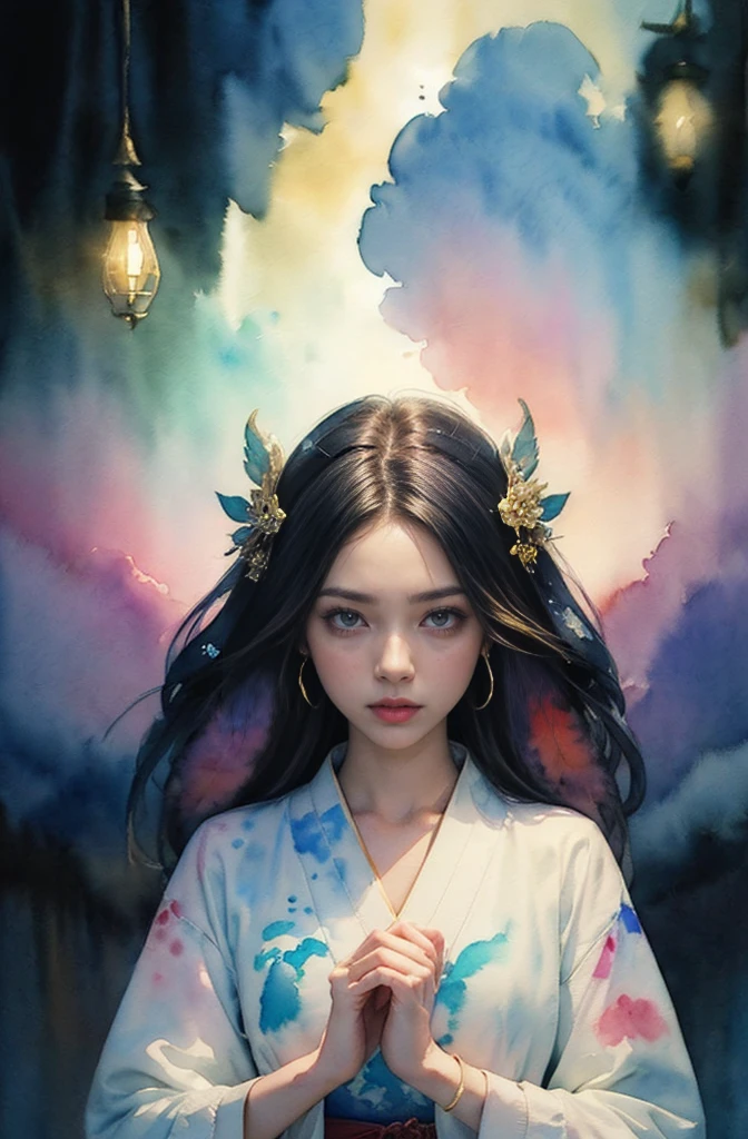 (Tabletop, Highest qualityの, Highest quality, Official Art, (beautifully、aesthetic:1.4), (Watercolor:1.4) ), (Izanami 1.5), 日本のgod話の女god, Majestic beauty, 創造の女god、生命の女god、Typically、((((Typically))))、Reincarnation Support, god'Grace, Gentle and meditative expressions, Flowing, celestial garments, Shine、Created all the landscapes and worlds on Earth, A dazzling dance of light, Whispers of Ancient Legends