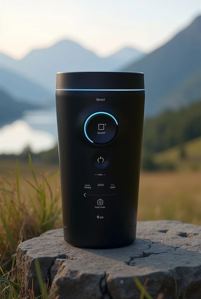 a cup that heats itself, changes color to black in a circular shape with several controls, adds LED, adds brand name. in the background a landscape
