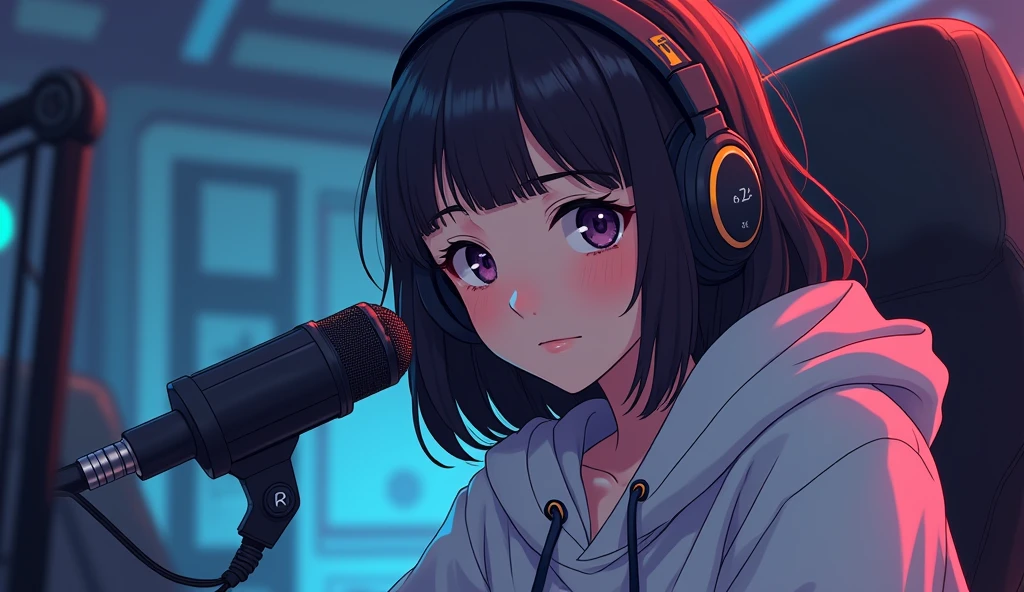 ((Masterpiece)), (((Best Quality)))), ((Illustration)), (Depth of Field: 1.2),Create an anime-friendly looking female character with headphones who appears handsome and smart.with headphones , SHe has a good face and is wearing a hoodie. The character is sitting behind microphone in office, with microphone infront, with his arms on the desk. It is night, and the room a digital futuristic studio background. The female character is front-facing to the camera, looking straight and centered. This is a central portrait with an audio microphone on the desk near his mouth. The character's face should occupy about 1/3 of the image size. He is sitting straight, front view, and centered, looking straight ahead. The overall ambiance of the image should convey a connection to minimalism, with flat illustration, bold lines, simplification, and a gouache illustration style. The image should be in 8K resolution.