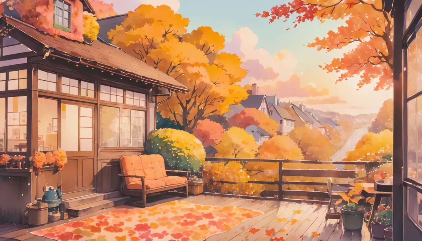 ultrawide Cozy autumn aesthetic fall,Studio ghibli inspired,Watercolor,no people,Lofi,Cute