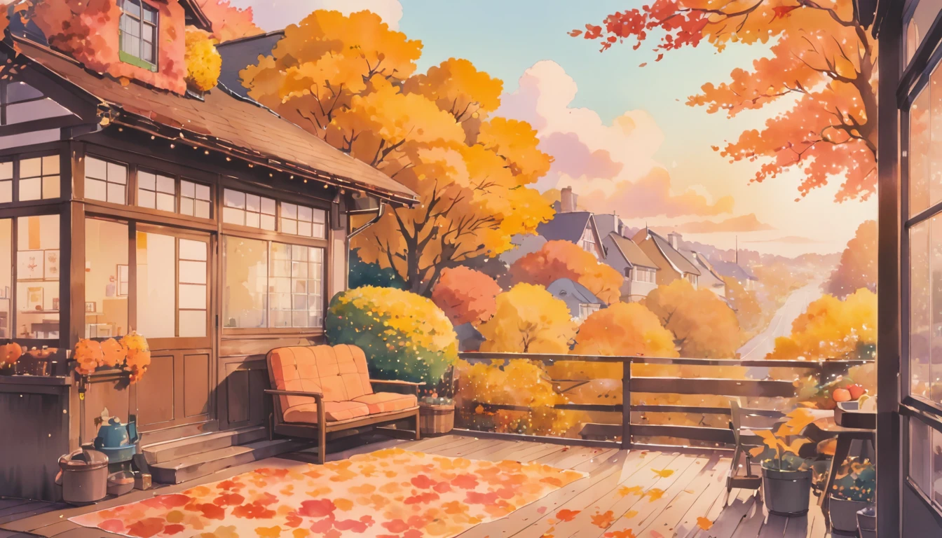 ultrawide Cozy autumn aesthetic fall,Studio ghibli inspired,Watercolor,no people,Lofi,Cute