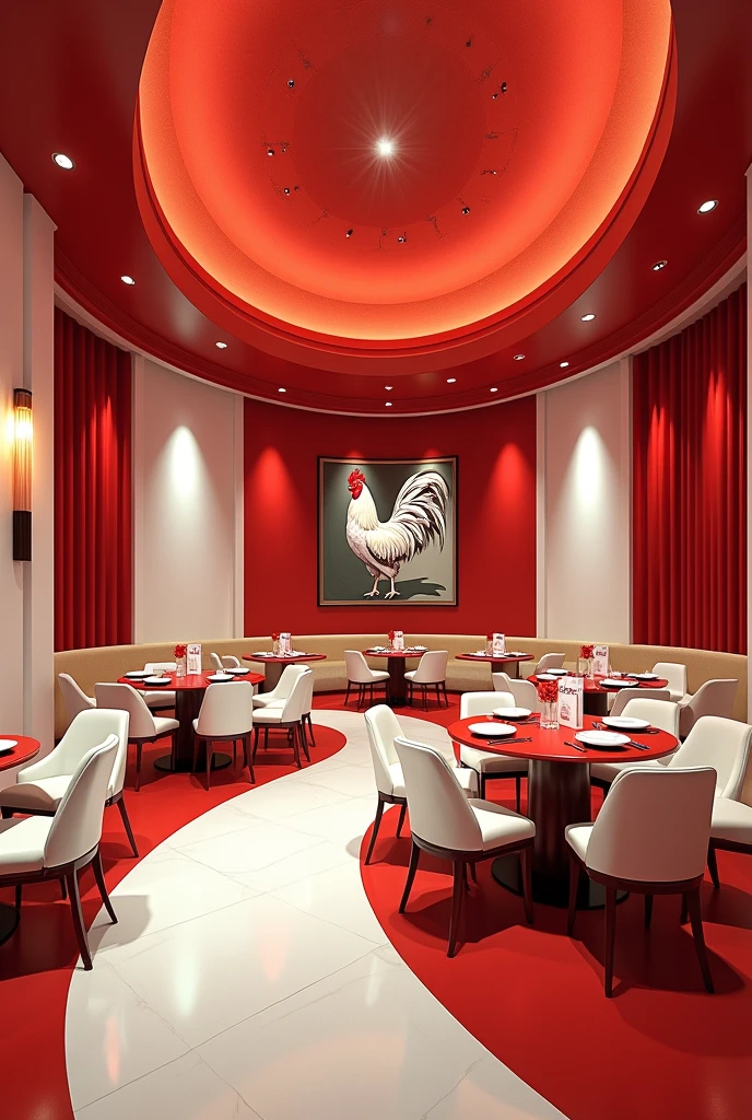 A huge circle salon for a restorant, Walls panited white and red and Has a Chicken picture, red and white abstract ceiling with d/f spot lights, redish Brown light from the spot light,Red color tableas with white chares scaterd ,Menu on every table,