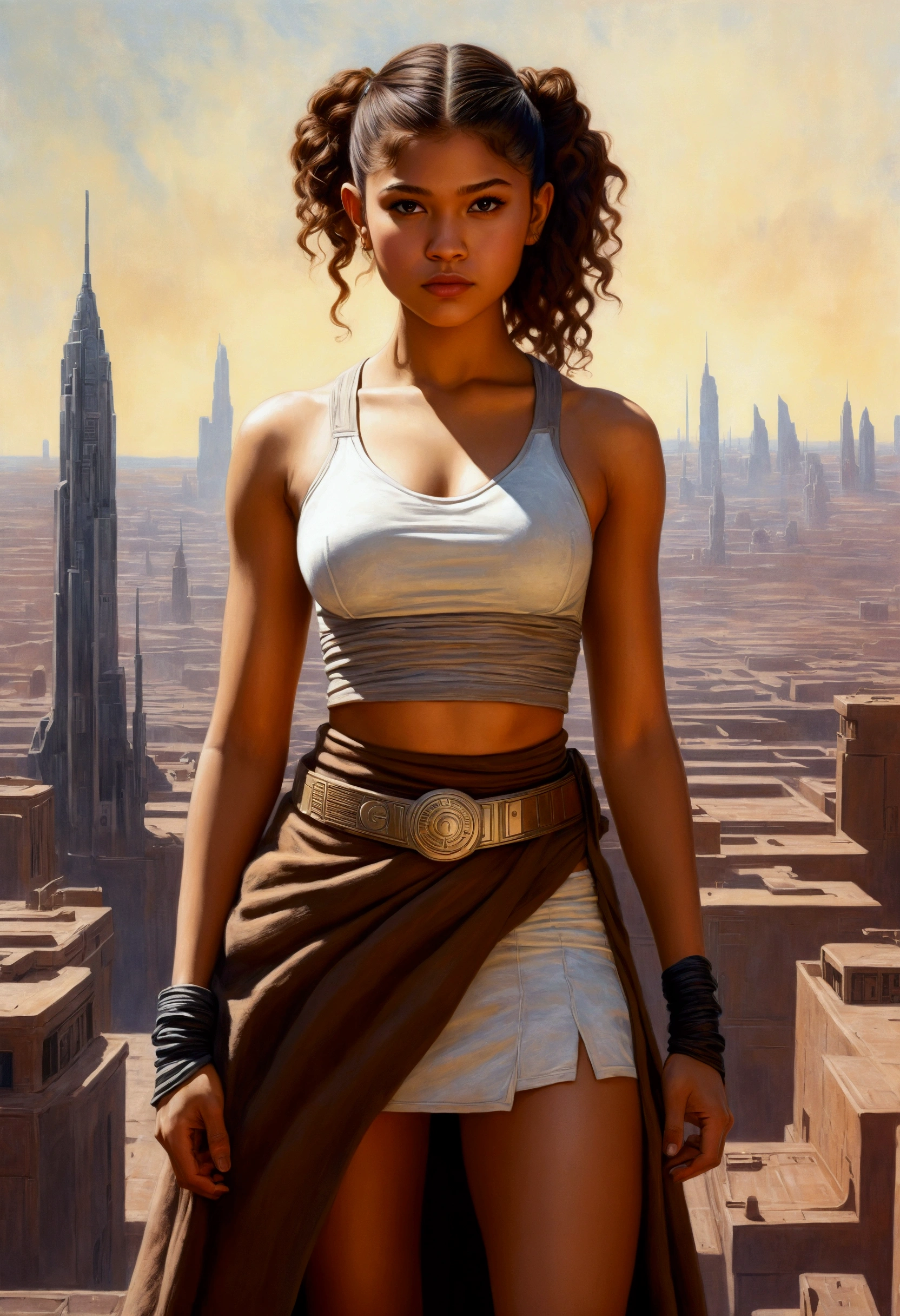 An illustrated movie poster, hand-drawn, full color, a teenage Jedi, 18-years-old, female, wearing a crop top and a skirt, athletic hourglass figure, busty bosoms, full wide hips, massive round butt, long shapely legs, ridiculously thick powerful thighs, hazel eyes, dark hair, curly ponytail, warm brown complexion, resembles Zendaya, standing above Coruscant, graphite shading, stencil marks, airbrushed acrylic paint, masterpiece, in the style of Drew Struzan