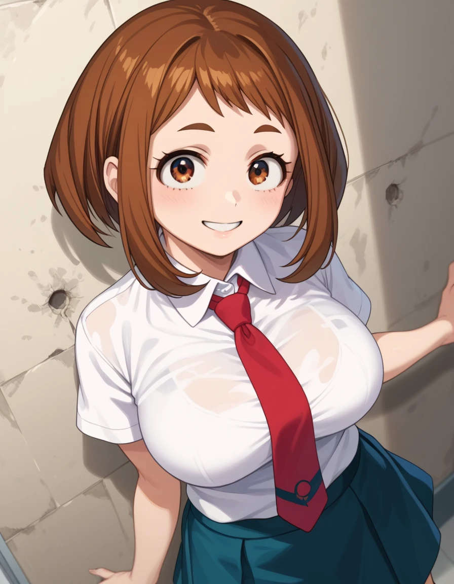 score_7_up, score_6_up, best quality, anime screencap, 1girl, ochako uraraka, brown eyes, brown hair, short hair, large breasts, standing, from front, looking at viewer, white shirt, blue skirt, short sleeves, student, red tie, smile, school, in front of wall, pov, from above, cowboy shot