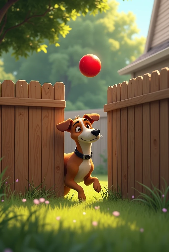 The red ball bouncing over a fence into a neighbor’s yard. Rex looks determined and concerned as he watches.