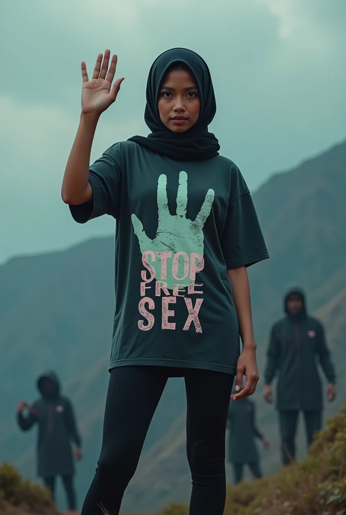 A hijaber indonesian pretty woman, wearing a  tshirt long leging with a strong vector design featuring a silhouetted image of a five-fingered palm in pastel colour with love and light. The phrase "STOP FREE SEX" is displayed in bold simple elegand, distressed typography with pastel colours, while holding her skirt with legings, wave a hand at the camera, in a top of mountains, surrounded by many dark monster, jav idol, with front shooting angle, very realistic, (complex detail: 0.9), (hdr, hyperdetail: 1.2), RAW, Sony Alpha a9 II, 24-105mm f/4, HDR,