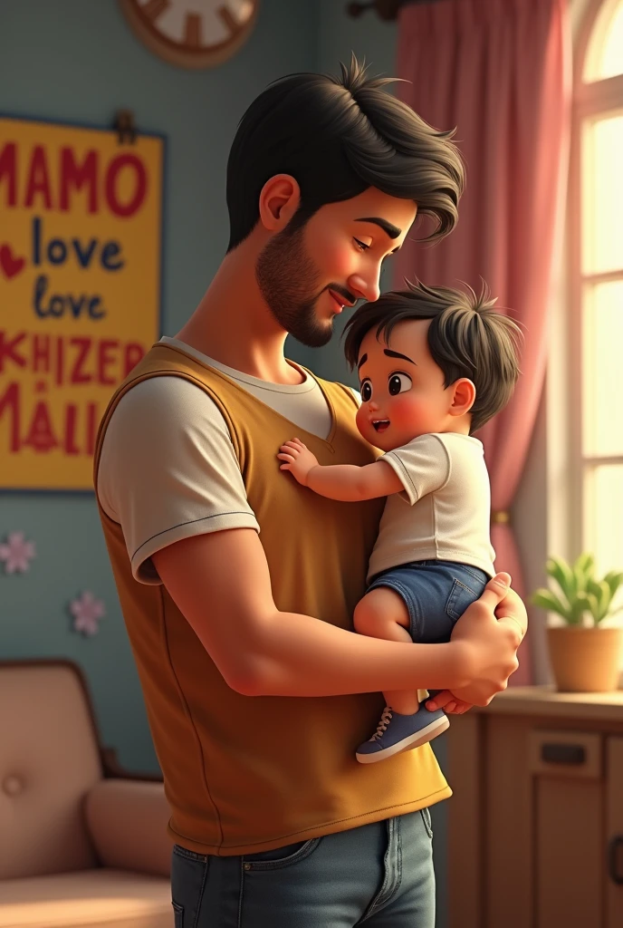 create an image in which one boy of 5 name write on his shirt is Zeeshan, and zeeshan love with a baby of age 1 yese name is Khizer Ali write on his shirt , both name are shown correctly on there shirts background write a poster mamo love Khizer Ai