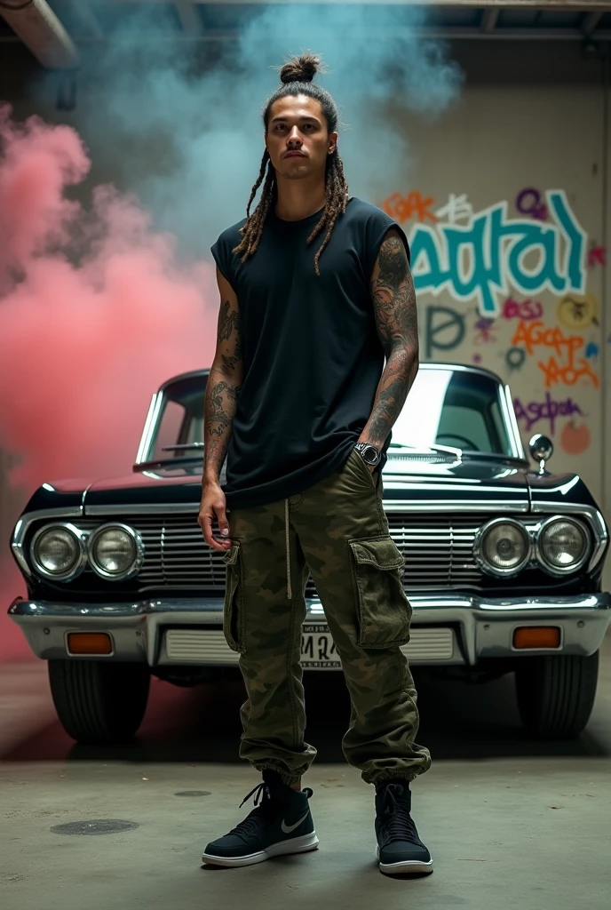 Professional cinematic photography of a handsome young Korean man with long man bun hair, colorful tattoos, he is wearing a black sleeveless t-shirt, camouflage army pants, Nike Jordan shoes, posing handsome and charming, behind him is a jet black 1963 Impala classic car full modification, full restoration, the young man poses handsome and relaxed, the background is an old car garage with a wall containing graffiti art with the words "AGAPI", with a light colorful smoke effect adding an elegant and cinematic impression