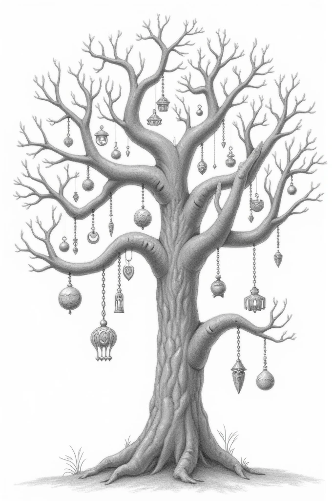 A pencil drawing of a tree with charms 
Drawn a level 5 level have shading and make it easy to draw