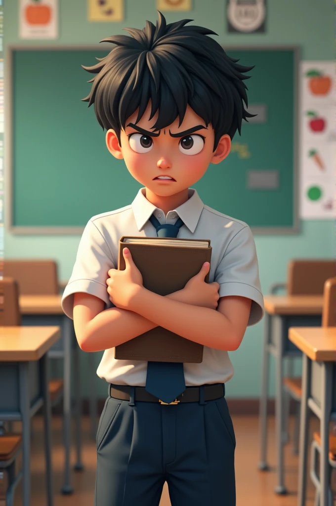 (wearing school uniform) the middle school boy refuses to give his book.