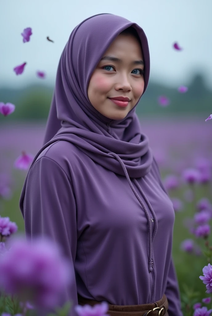 masterpiece, an indonesian beautifull girl, 2solo,mature female, purple hoodie , brown pants, long hijab motif, outdoors, purple flower field, looking at viewer, (falling petals), cloudy sky, perfect composition, detailed lips, big breast, beautiful face, body propotion, blush, (pink lips), long hijab, blue eyes, soft gaze, sad smile, super realistic, detailed, photoshoot, realistic face and body, realistic hijab, realistic eyes, realistic nose, realistic lips, photo from infront of body, fokus, 8K 5D