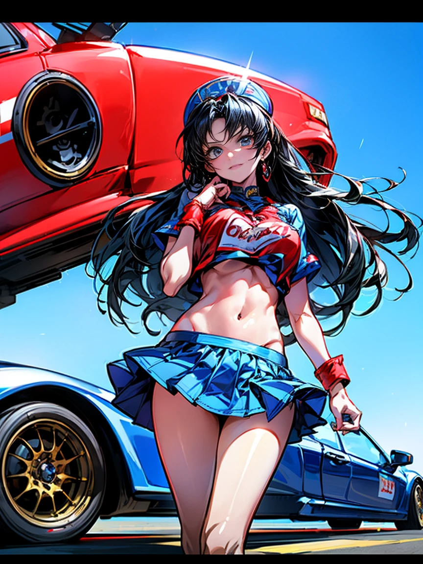 ((Stand in front of a racing car))、(masterpiece)、(Racing Girls)、Black Hair、A faint smile、Eye and facial details、漆Black Hair、Straight Hair、Beautiful and delicate eyes、((Big Breasts:1.2))、(Highest quality、High resolution、Reality、original、8k、Masterpiece、)、(((Dynamic Pose)))、(((Blue miniskirt lift)))、(((Bare inner thighs)),(Vibrant colors:1.2)、(Beautiful)、((circuitビュー))、sunny、blue sky、circuit、((Stand in front of a racing car))、((Butt thrust pose))、(((Rear view:1.2)))、((From below:1.4))、Healthy Thighs、((Strong winds:1.2))、((Strong windsでスカートが大きくめくれる:1.4))、((Stand in front of a racing car))、