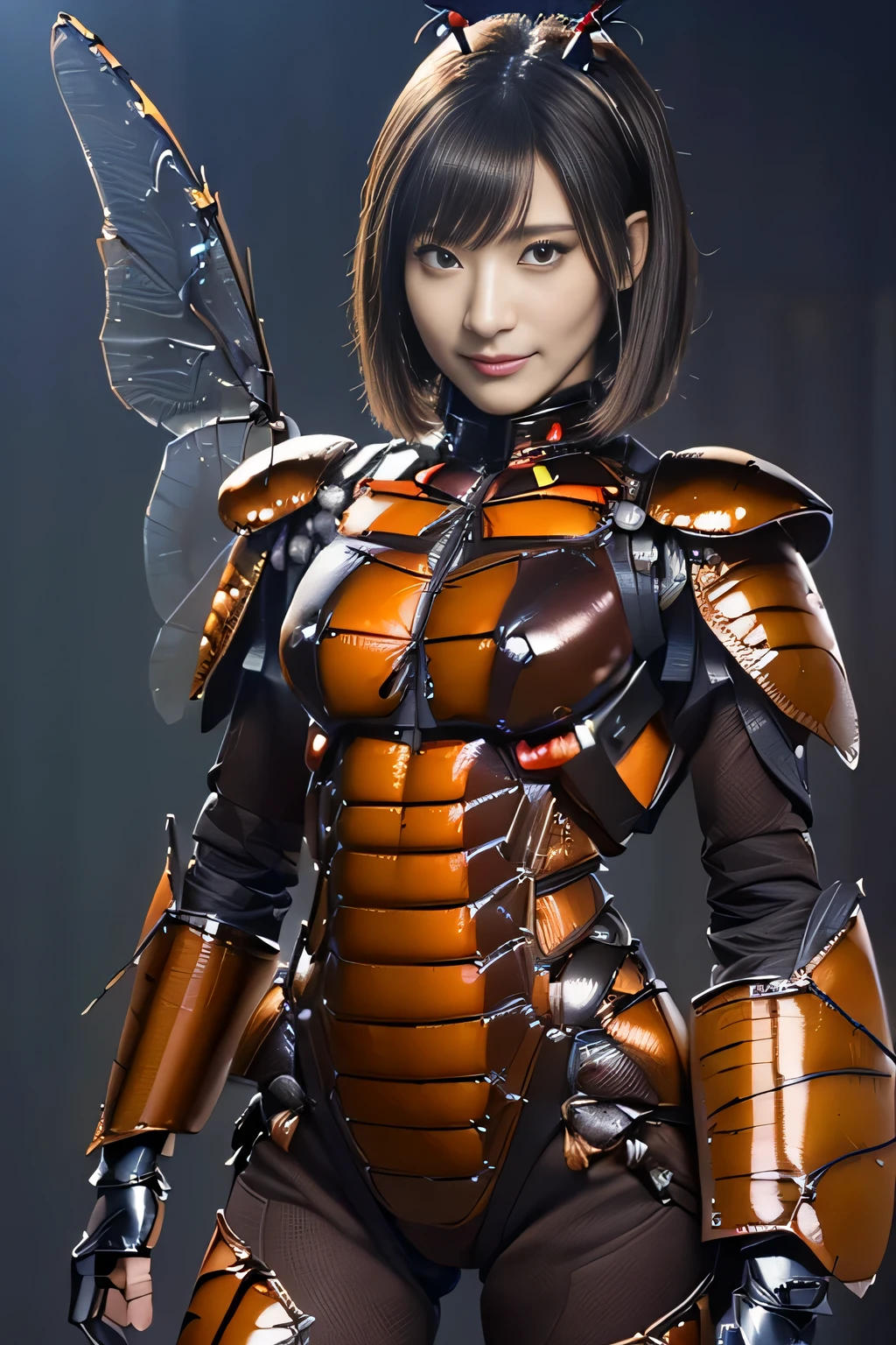 (high resolution,masterpiece,best quality,extremely detailed CG, anime, official art:1.4), realistic, photo, amazing fine details, all intricate, gloss and shiny,awesome many layers, 8k wall paper, 3d, sketch, kawaii, illustration,( solo:1.4), perfect female proportion,villainess, (fusion of dark brown cockroach and lady:1.4), (brown cockroach form lady:1.2), (brown cockroach lady:1.2), (fusion:1.2), (solo:1.4), (evil smile:1.2), muscular, abs, (cockroach brown exoskeleton bio insect suit:1.4), (cockroach brown exoskeleton bio insect armor:1.2), (brown transparency cockroach wing:1.4), (brown cockroach antennae:1.3),