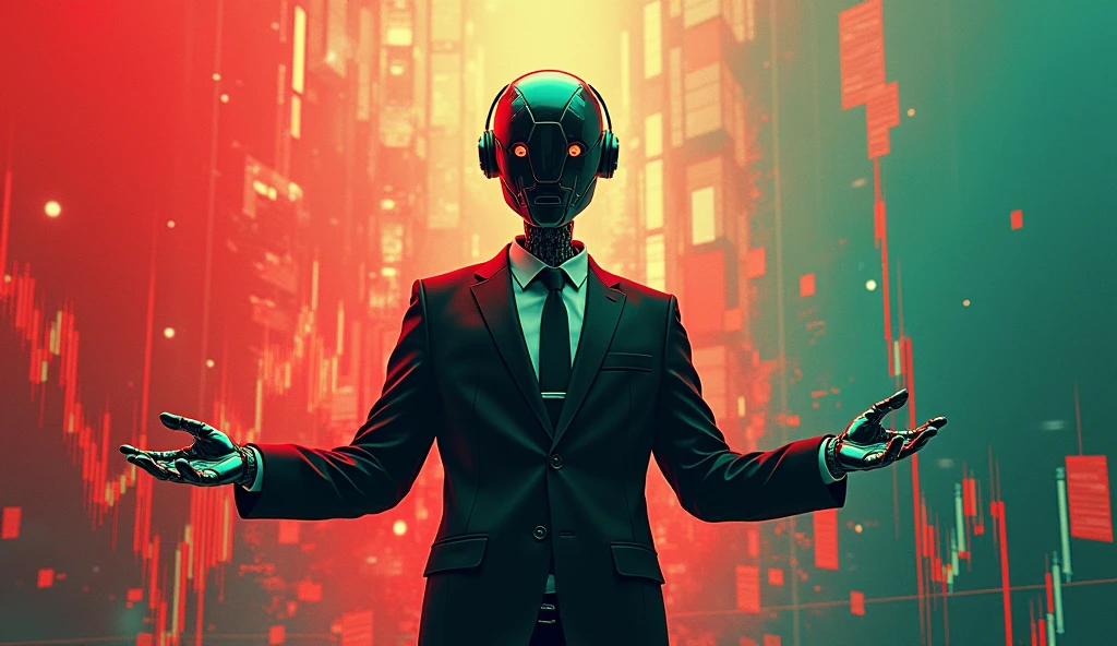 Create an image with the following details:

Background:

Right side: Red color.
Left side: Green color.
Stock market graph elements integrated into the background.
Main Figure:

A person in the middle with both hands extended forward.
Replace the person's face with a robot head.
The person should be wearing a black suit.Text:

Large size: "Stock Market 101" at the top of the image.
Smaller size: "Key Basics You Should Know" placed below the main text, in the center of the thumbnail.