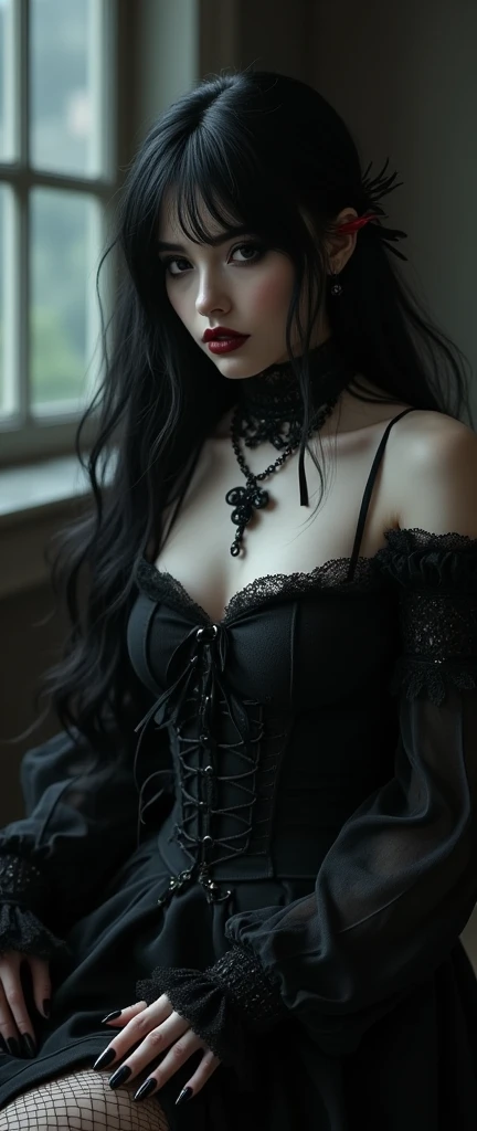 a stylish emo pale gothic woman in a dark black gothic morbid mess dress with with high fishnets elegantly quaint in black sludge morbid, fashion and style of dress, typical gothic fashion includes black dyed hair and black clothes wear dark eyeliner, dark nail polish and lipstick, and dramatic makeup (best quality,4k,8k,highres,masterpiece:1.2),ultra-detailed,(realistic,photorealistic,photo-realistic:1.37),HDR,UHD,studio lighting,ultra-fine painting,sharp focus,physically-based rendering,extreme detail description,professional,vivid colors,bokeh,portrait,high fashion,elegant,glamorous,cinematic,dramatic lighting,moody,mysterious,sensual,sophisticated
