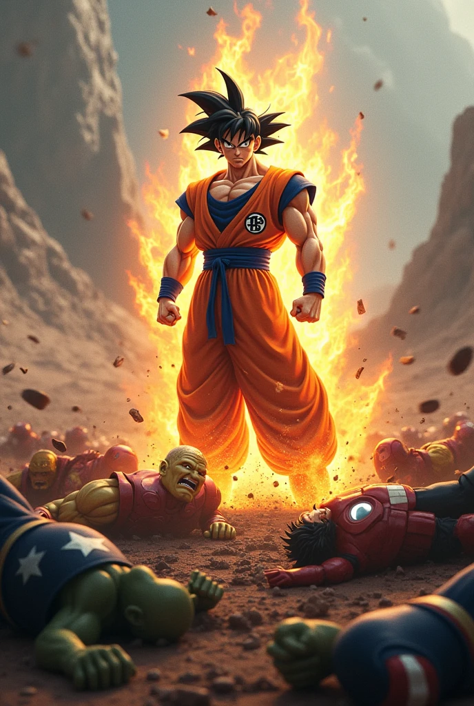 hình ảnh thực tế, Goku Ultra Instinct fights the Avengers, Goku chiến thắng, (thor) (the hulk) (iron man) (captain america) all lie at Goku's feet.