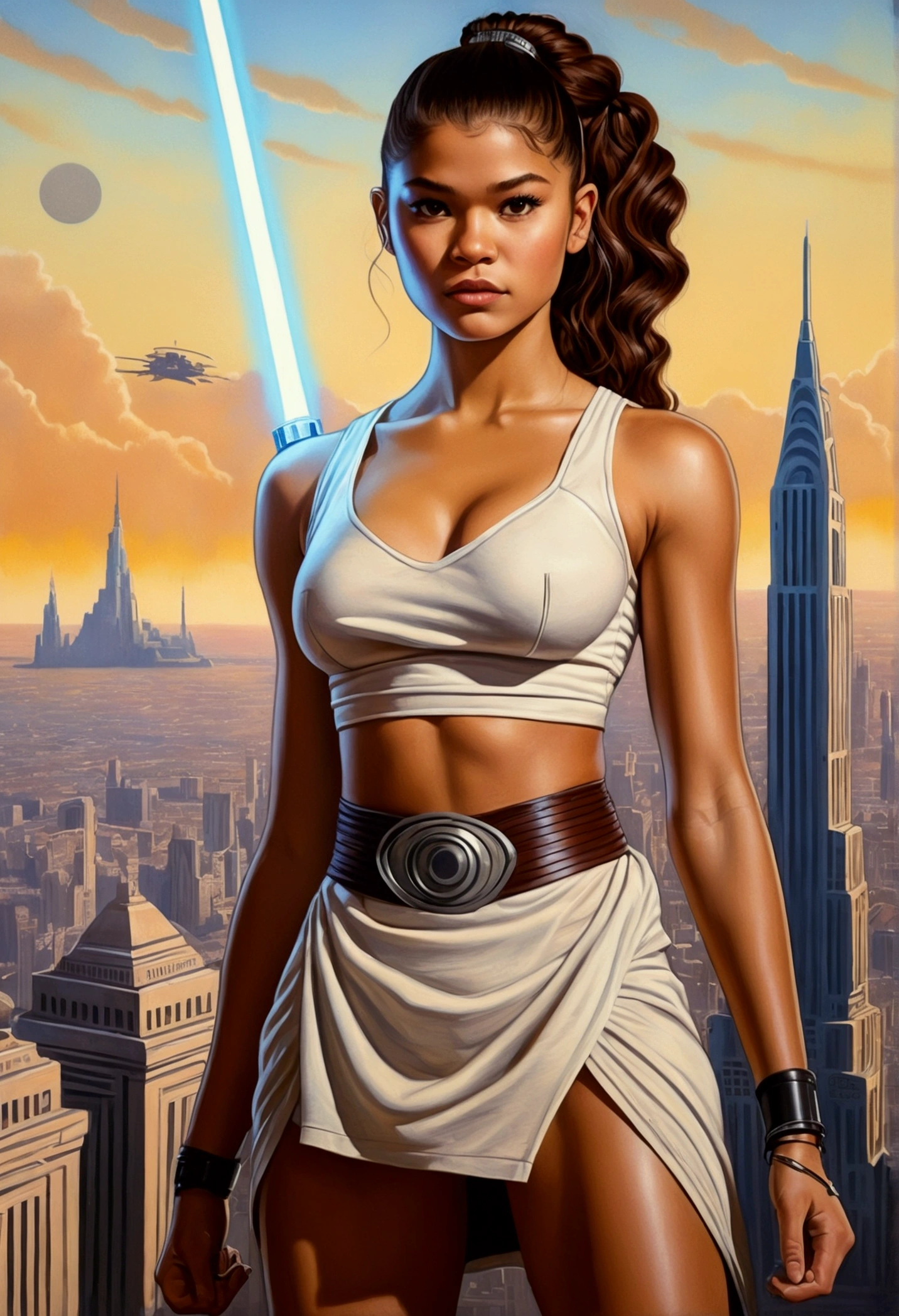 An illustrated movie poster, hand-drawn, full color, a age Jedi, 18-years-old, female, wearing a crop top and a skirt, athletic hourglass figure, busty bosoms, full wide hips, massive round butt, long shapely legs, ridiculously thick powerful thighs, hazel eyes, dark hair, curly ponytail, warm brown complexion, resembles Zendaya, standing above Coruscant, graphite shading, stencil marks, airbrushed acrylic paint, masterpiece, in the style of Drew Struzan