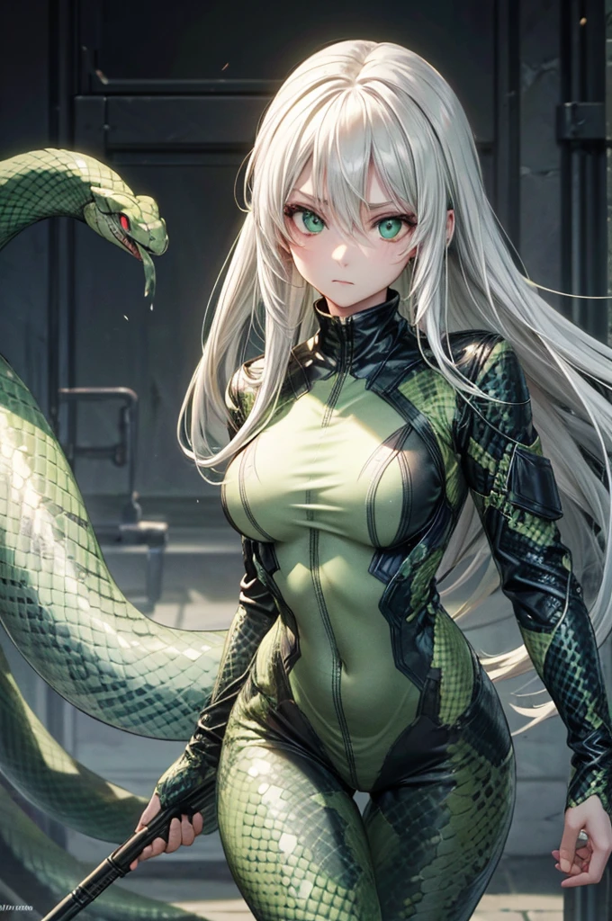 snake girl,Snake tights, green,green eyes, Snake Eyes, White hair, expressionless