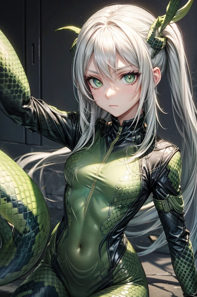 snake girl,Snake tights, green,green eyes, Snake Eyes, White hair, expressionless