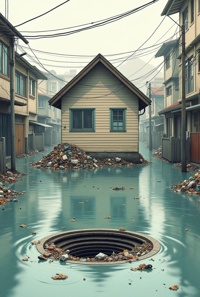make me a house with trash blocking the sewer causing flood, make it like an easy drawing to illustrate for my performance task