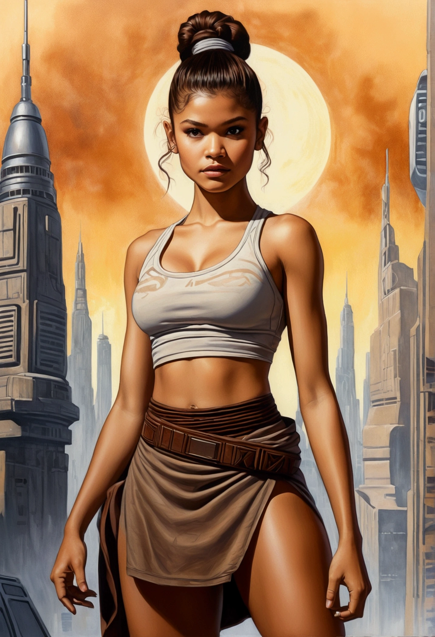 An illustrated movie poster, hand-drawn, full color, a teenage Jedi, 18-years-old, female, wearing a crop top and a skirt, athletic hourglass figure, busty bosoms, full wide hips, massive round butt, long shapely legs, ridiculously thick powerful thighs, hazel eyes, dark hair, curly ponytail, warm brown complexion, resembles Zendaya, standing above Coruscant, graphite shading, stencil marks, airbrushed acrylic paint, masterpiece, in the style of Drew Struzan