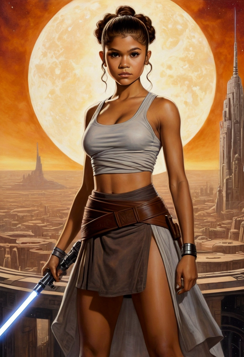 An illustrated movie poster, hand-drawn, full color, a age Jedi, 18-years-old, female, wearing a crop top and a skirt, athletic hourglass figure, busty bosoms, full wide hips, massive round butt, long shapely legs, ridiculously thick powerful thighs, hazel eyes, dark hair, curly ponytail, warm brown complexion, resembles Zendaya, standing above Coruscant, graphite shading, stencil marks, airbrushed acrylic paint, masterpiece, in the style of Drew Struzan