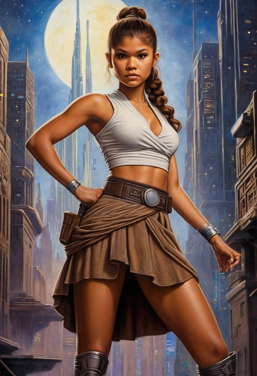 An illustrated movie poster, hand-drawn, full color, a age Jedi, 18-years-old, female, wearing a crop top and a skirt, athletic hourglass figure, busty bosoms, full wide hips, massive round butt, long shapely legs, ridiculously thick powerful thighs, hazel eyes, dark hair, curly ponytail, warm brown complexion, resembles Zendaya, standing above Coruscant, graphite shading, stencil marks, airbrushed acrylic paint, masterpiece, in the style of Drew Struzan