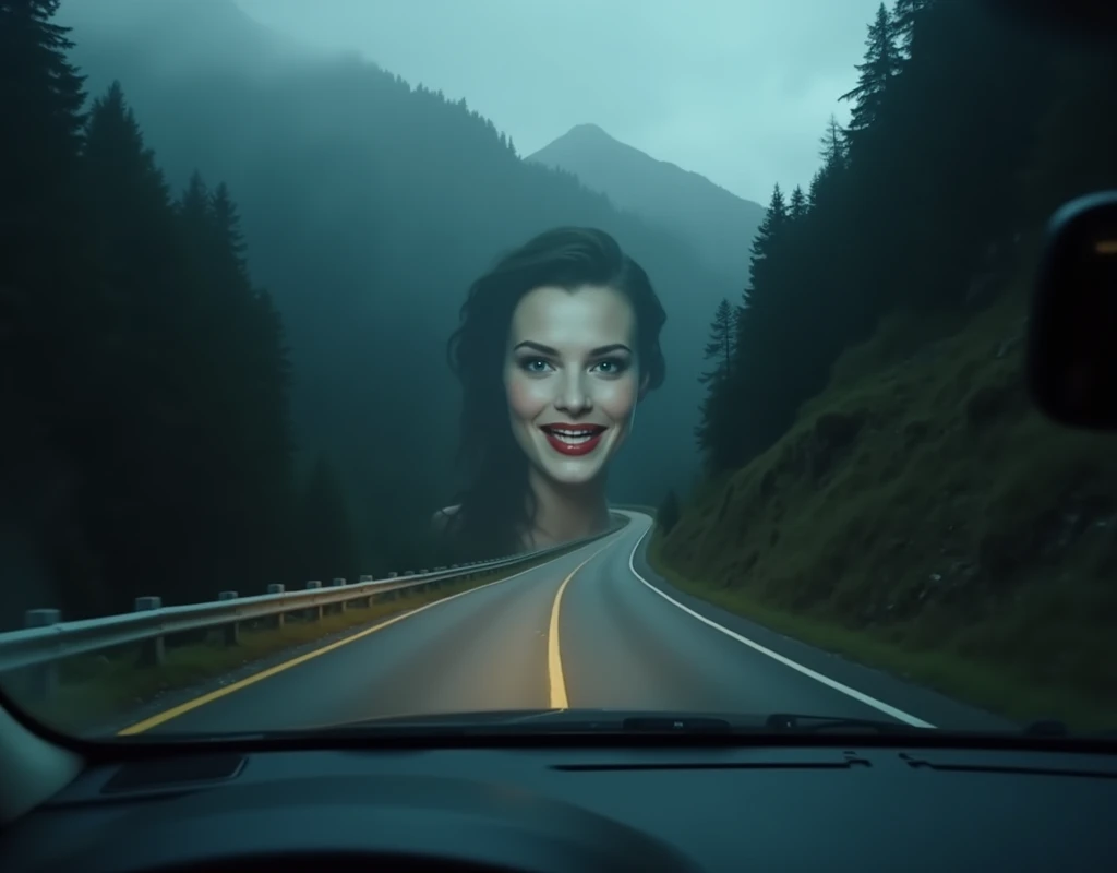 Rear-mounted camera captures a subjective image of a winding mountain road, shrouded in pitch blackness, with only the headlights illuminating the asphalt. The narrow path hugs the steep slope, sharp curves ahead. Suddenly, a guardrail appears, and as I turn the wheel, a ghostly figure materializes - a stunning woman in a white sheer negligee, her face inches from the lens, smiling seductively into my eyes., perfectly beautiful body, super detailed skin, glossy skin, Beautifully detailed mouth, beautifully detailed teeth, beautifully detailed fangs, beautifully detailed tongue, beautifully detailed lips, masterpiece, incredibly absurd res, absolutely resolution, ultra high res,