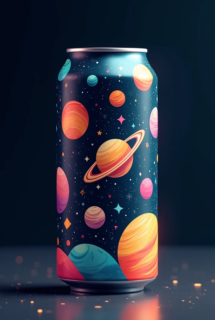 a can with a drawing of planets and a space background, now put a starry background
