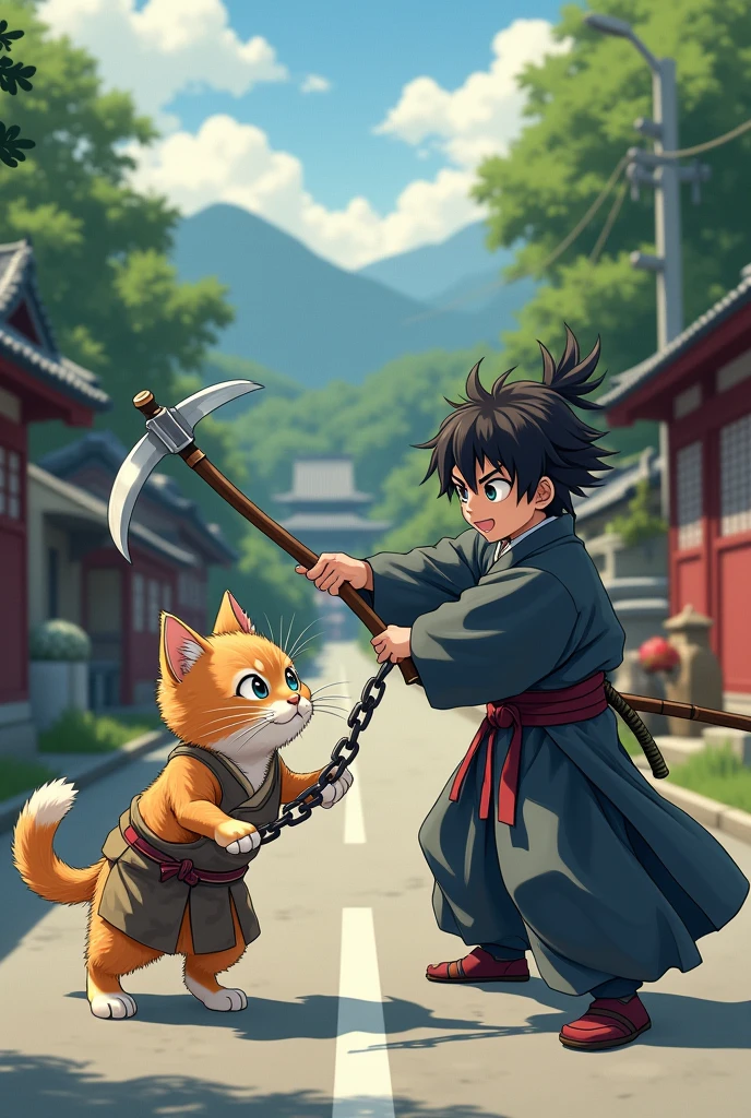 A cute kitten is swinging a chain、A cute kitten with a big head is boldly swinging a sickle attached to a chain、The opponent is Miyamoto Musashi of the Niten Ichiryu school.、Fight、Kenshu、Old Japanese roads